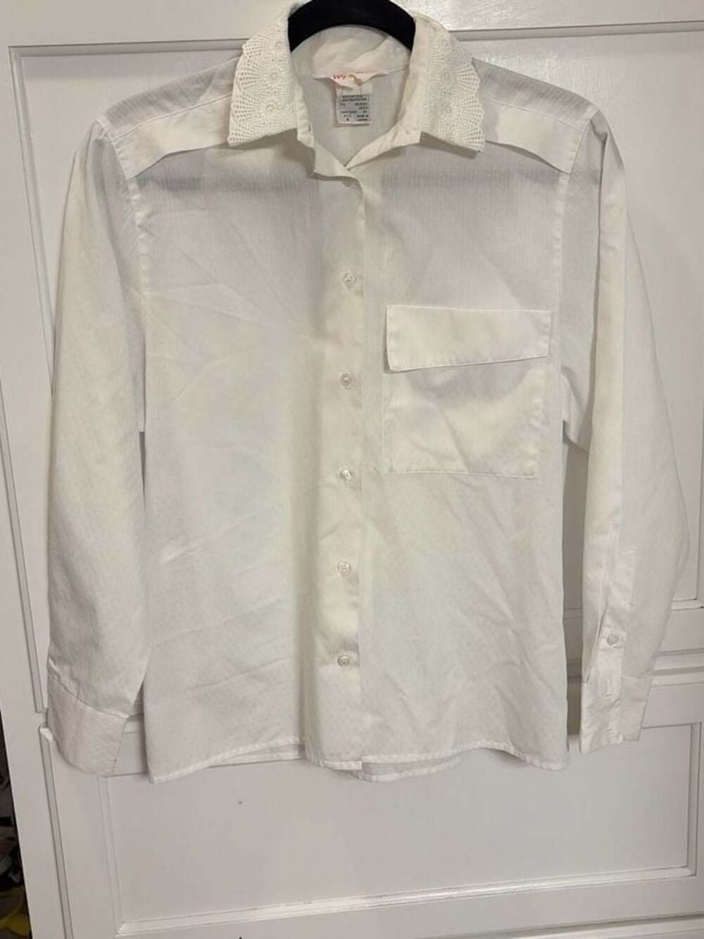 Vintage Wyland White Preppy Dobby Weave Button Up Blouse with Lace Collar 6
